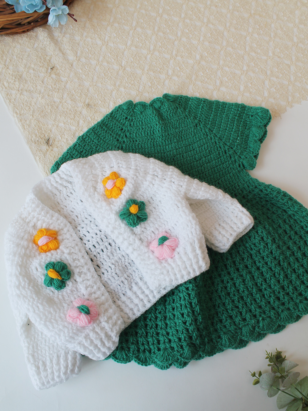 Woonie Crochet Floral Applique Frock with Matching Shurg - Green