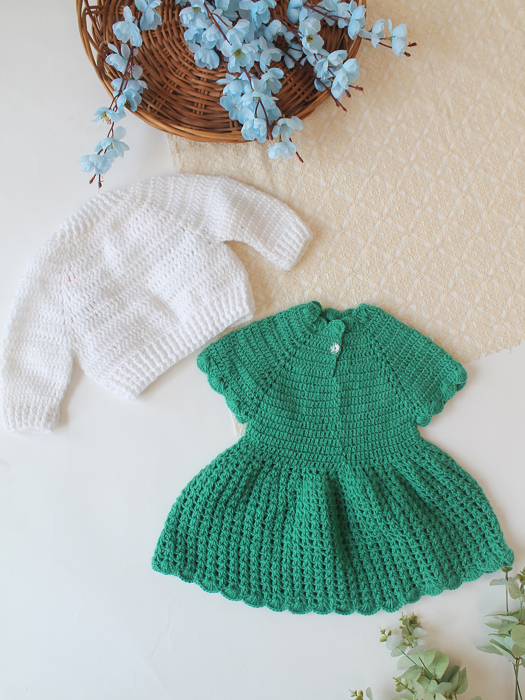 Woonie Crochet Floral Applique Frock with Matching Shurg - Green