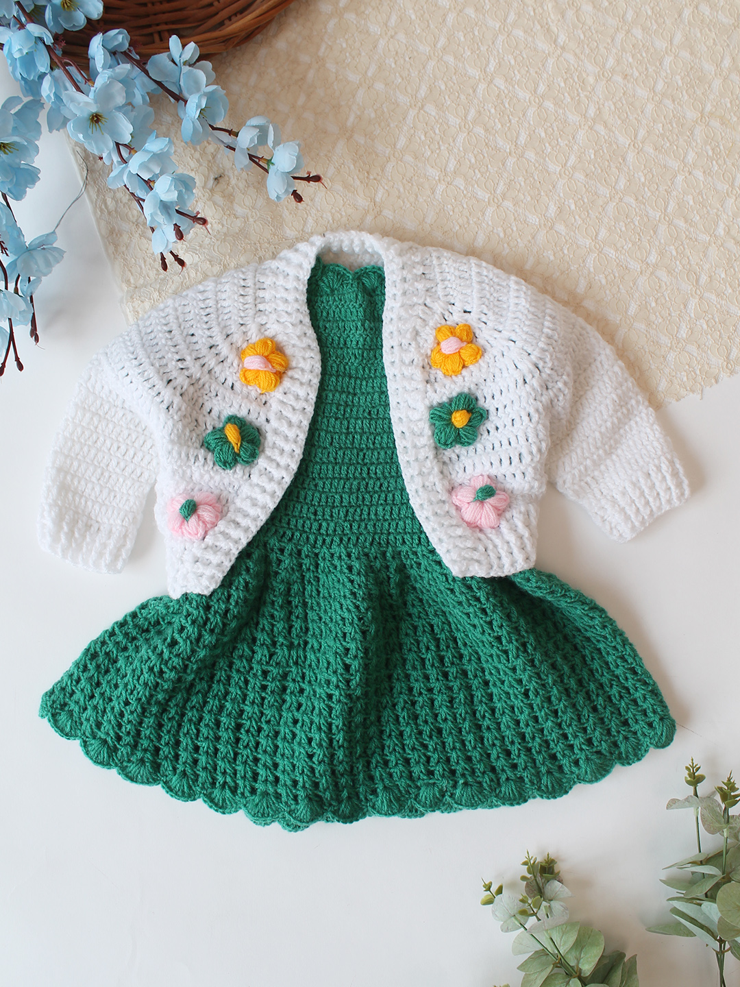 Woonie Crochet Floral Applique Frock with Matching Shurg - Green