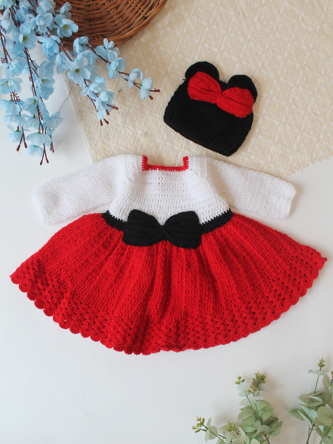 Woonie Crochet Full Sleeves Bow Detailed Frock with Matching Cap - Red