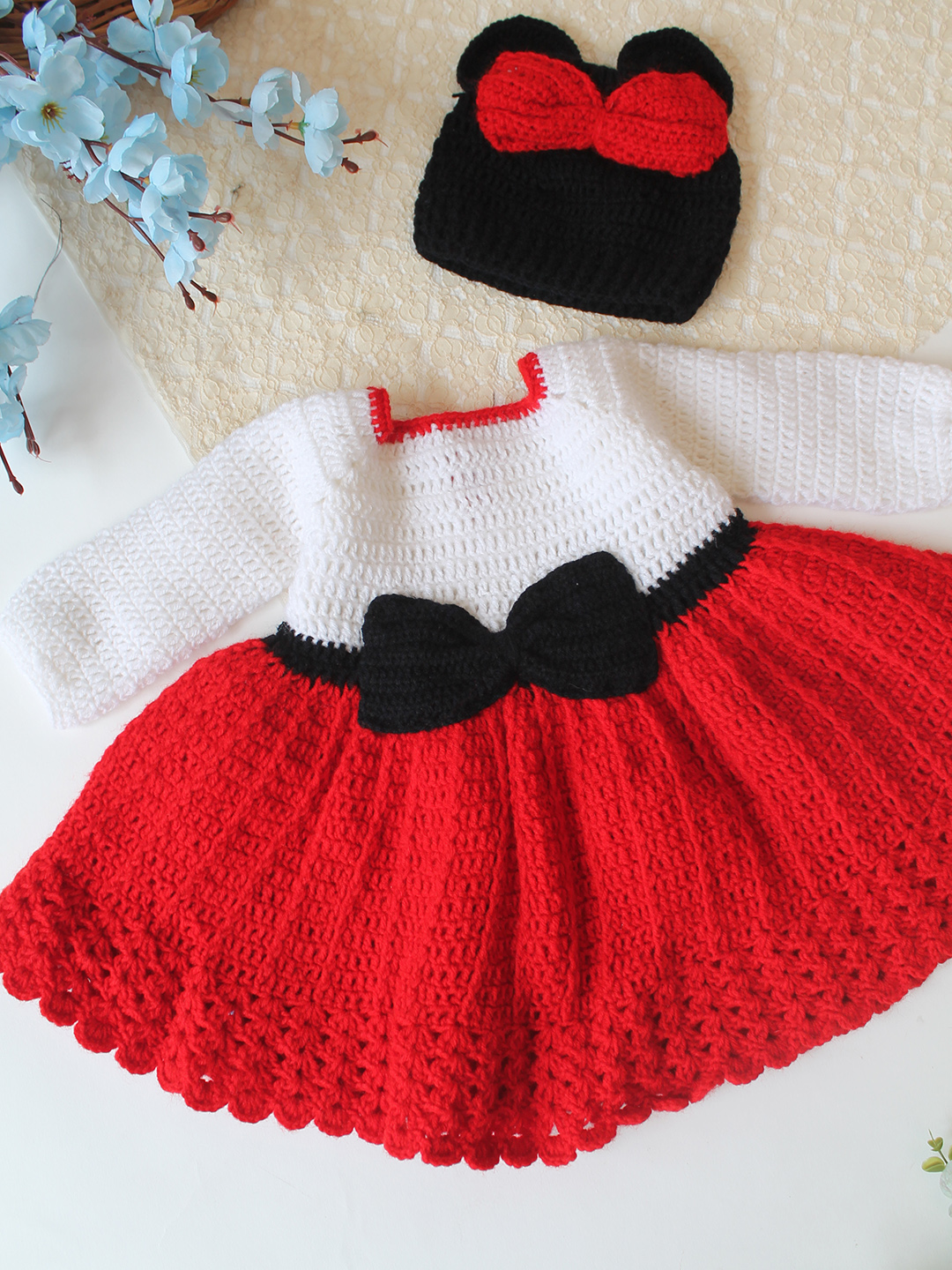 Woonie Crochet Full Sleeves Bow Detailed Frock with Matching Cap - Red