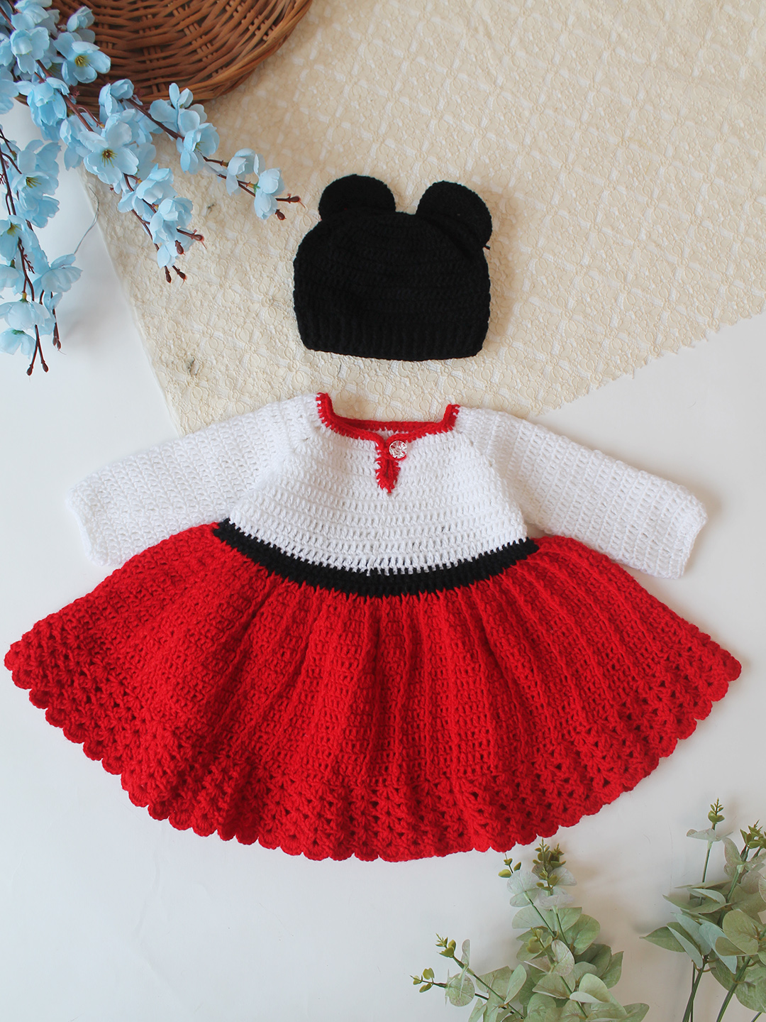 Woonie Crochet Full Sleeves Bow Detailed Frock with Matching Cap - Red