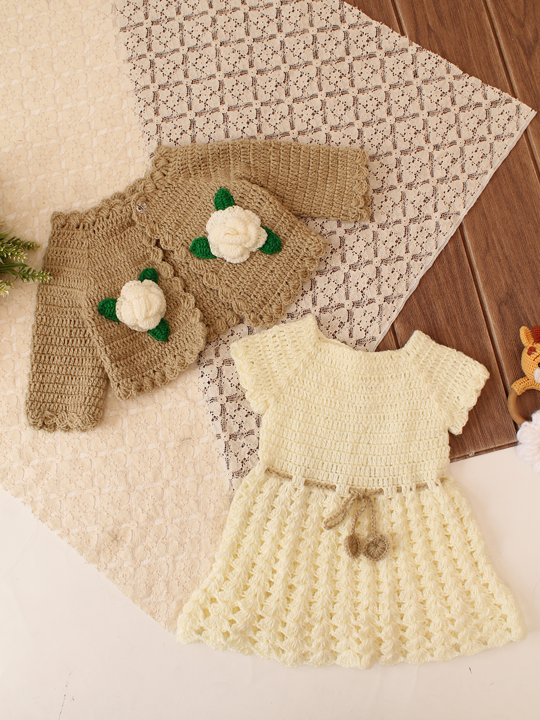 Woonie Crochet Floral Applique Frock with Matching Shurg - Cream