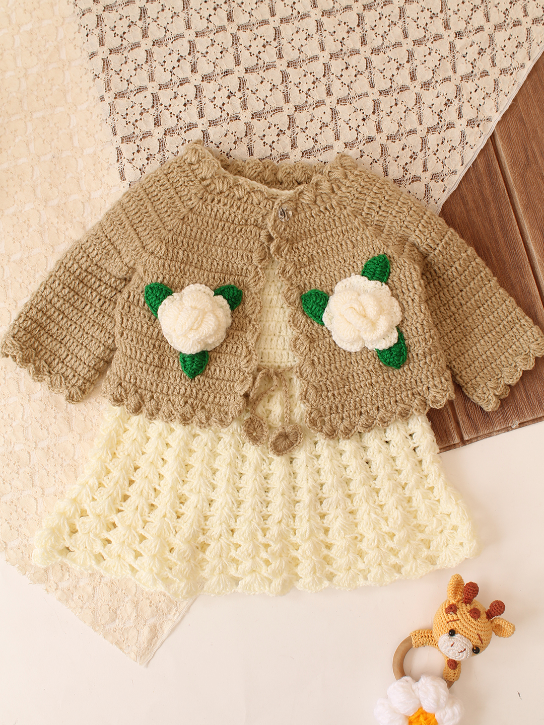 Woonie Crochet Floral Applique Frock with Matching Shurg - Cream