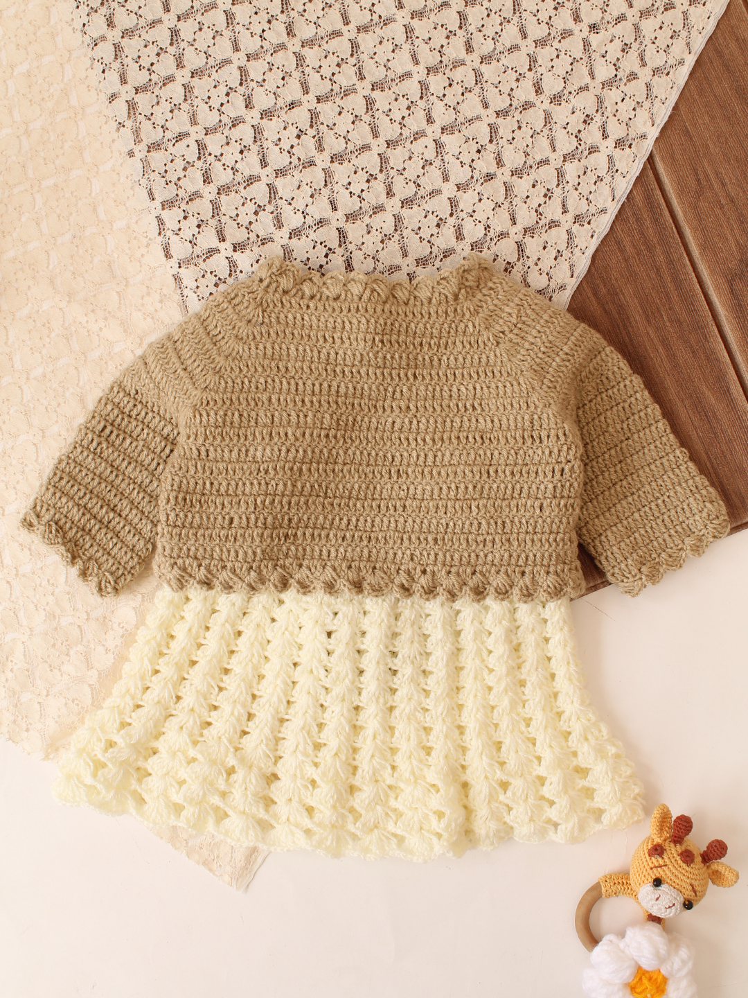 Woonie Crochet Floral Applique Frock with Matching Shurg - Cream