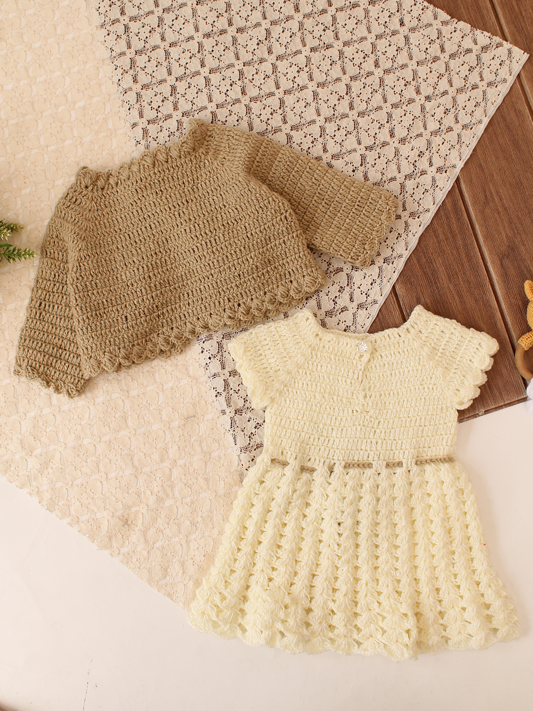 Woonie Crochet Floral Applique Frock with Matching Shurg - Cream