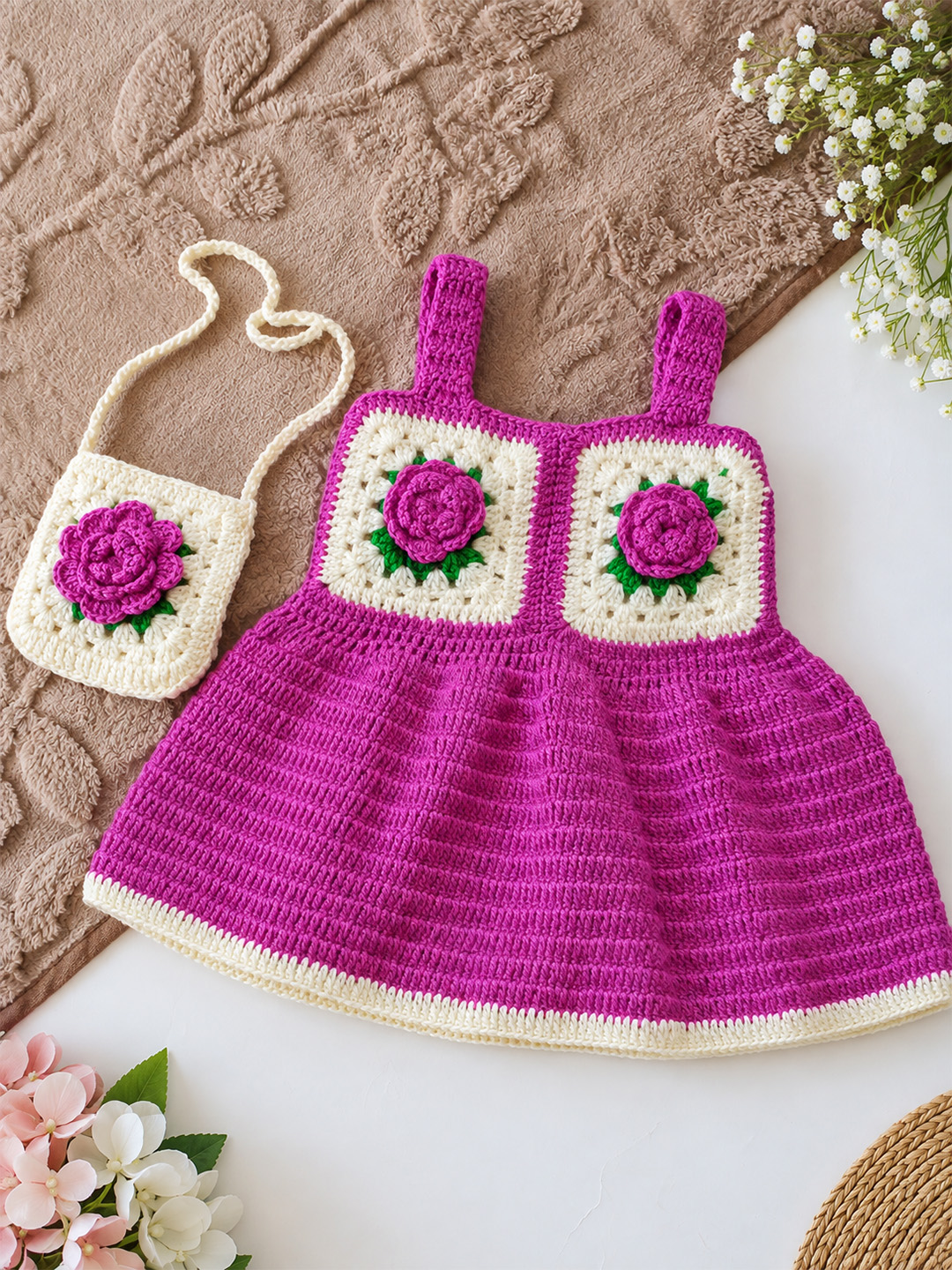 Woonie Hand Knitted Sleeveless Floral Applique Frock with Matching Bag - Purple