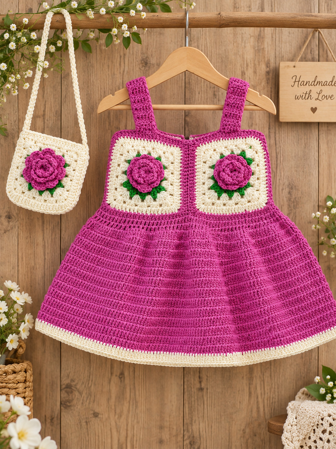 Woonie Hand Knitted Sleeveless Floral Applique Frock with Matching Bag - Purple