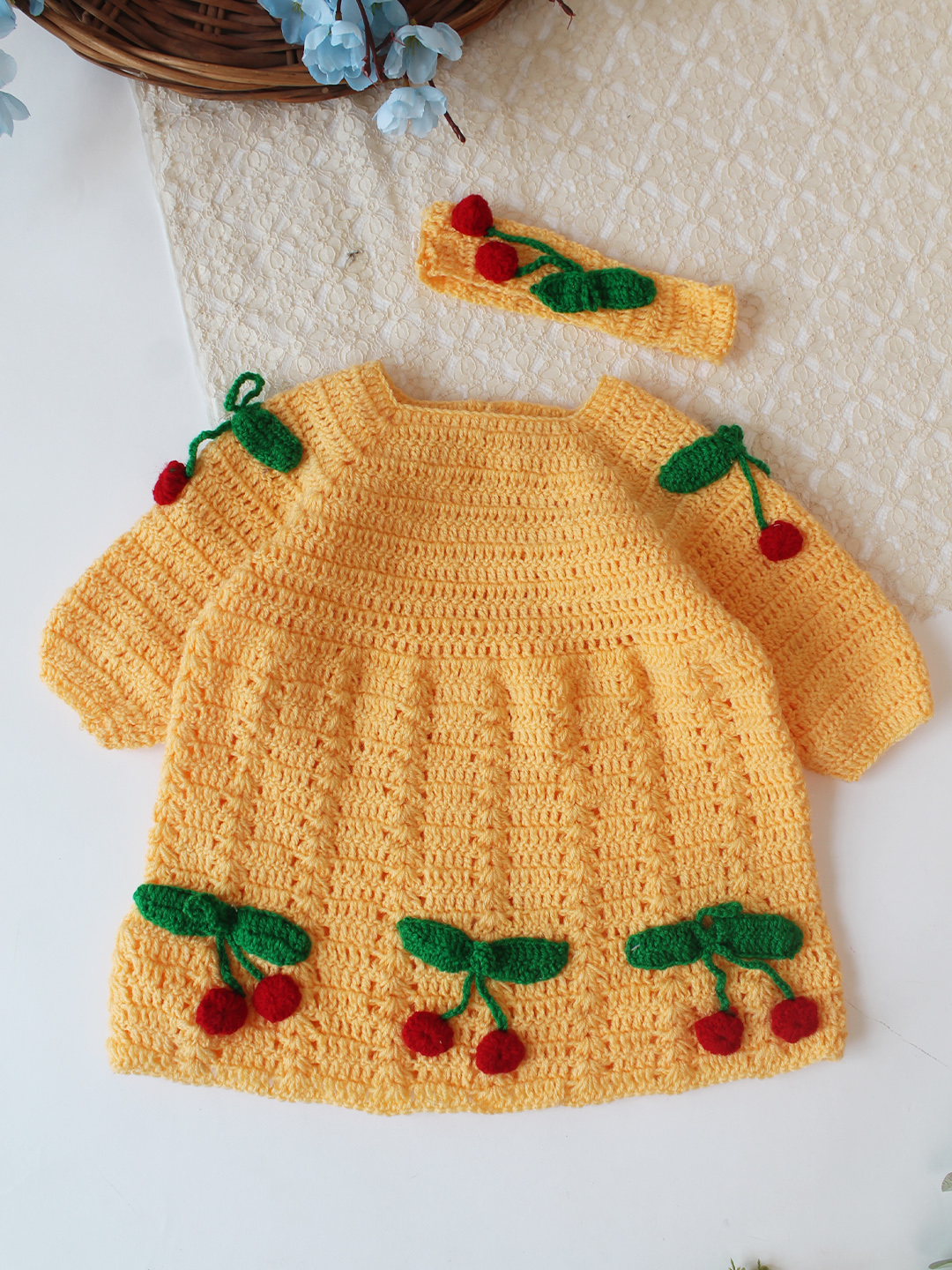 Woonie Hand Knitted Full Sleeves Cherry Applique Detailed Frock with Matching Headband - Yellow