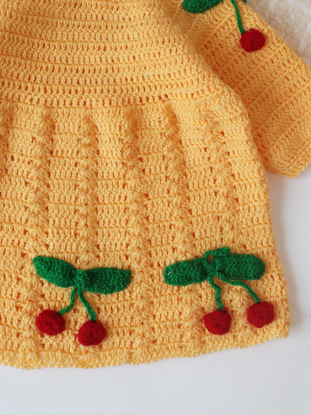 Woonie Hand Knitted Full Sleeves Cherry Applique Detailed Frock with Matching Headband - Yellow