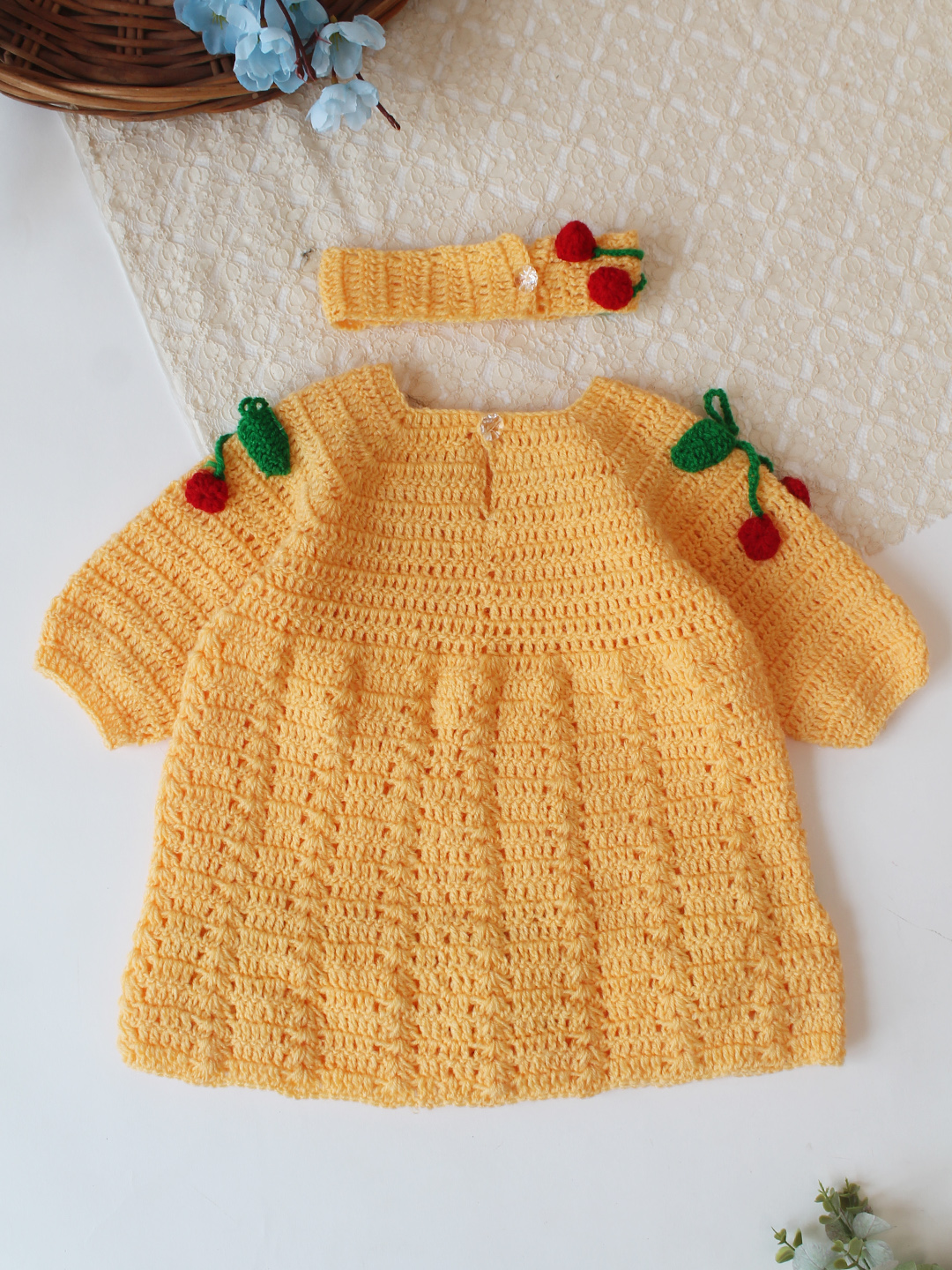 Woonie Hand Knitted Full Sleeves Cherry Applique Detailed Frock with Matching Headband - Yellow