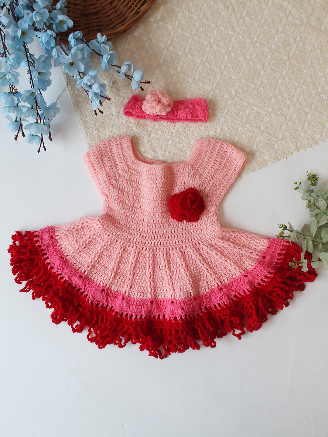 Woonie Hand Knitted Cap Sleeves Floral Applique Frock with Matching Headband - Pink