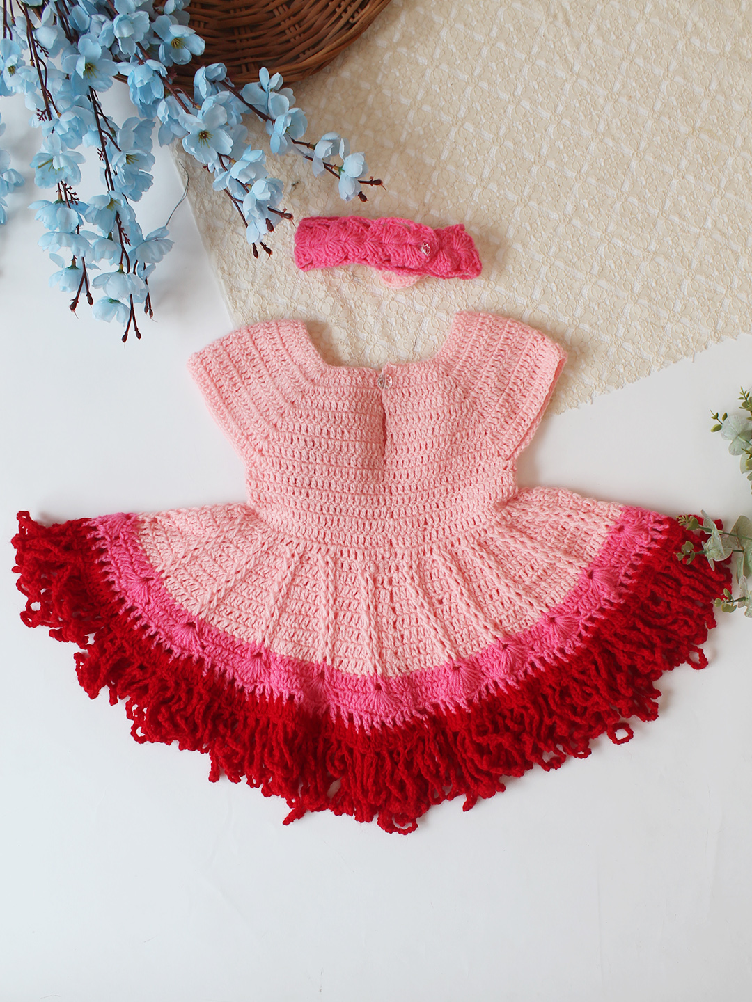 Woonie Hand Knitted Cap Sleeves Floral Applique Frock with Matching Headband - Pink