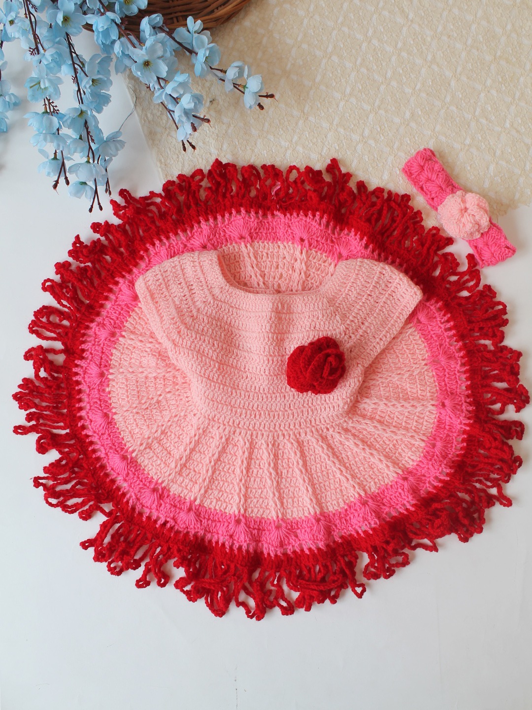 Woonie Hand Knitted Cap Sleeves Floral Applique Frock with Matching Headband - Pink