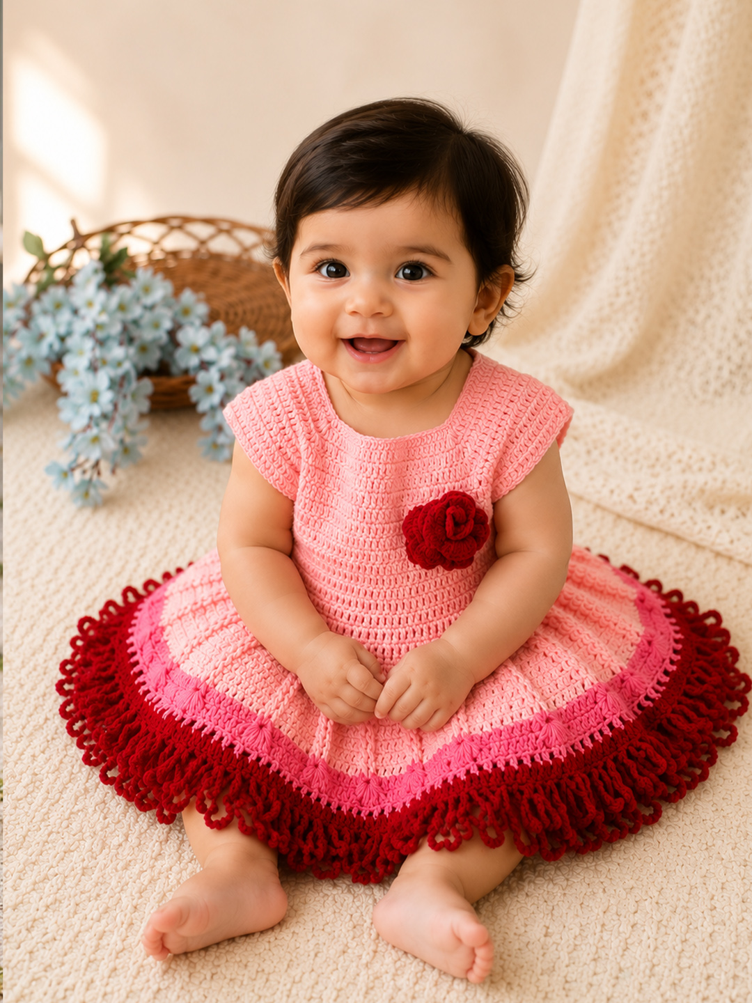 Woonie Hand Knitted Cap Sleeves Floral Applique Frock with Matching Headband - Pink