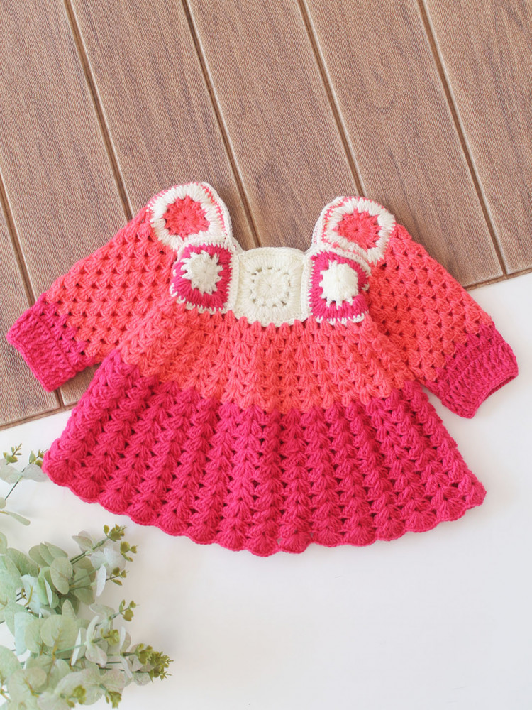 Image of Woonie Hand Knitted Full Sleeves Granny Square Designed Frock - Pink