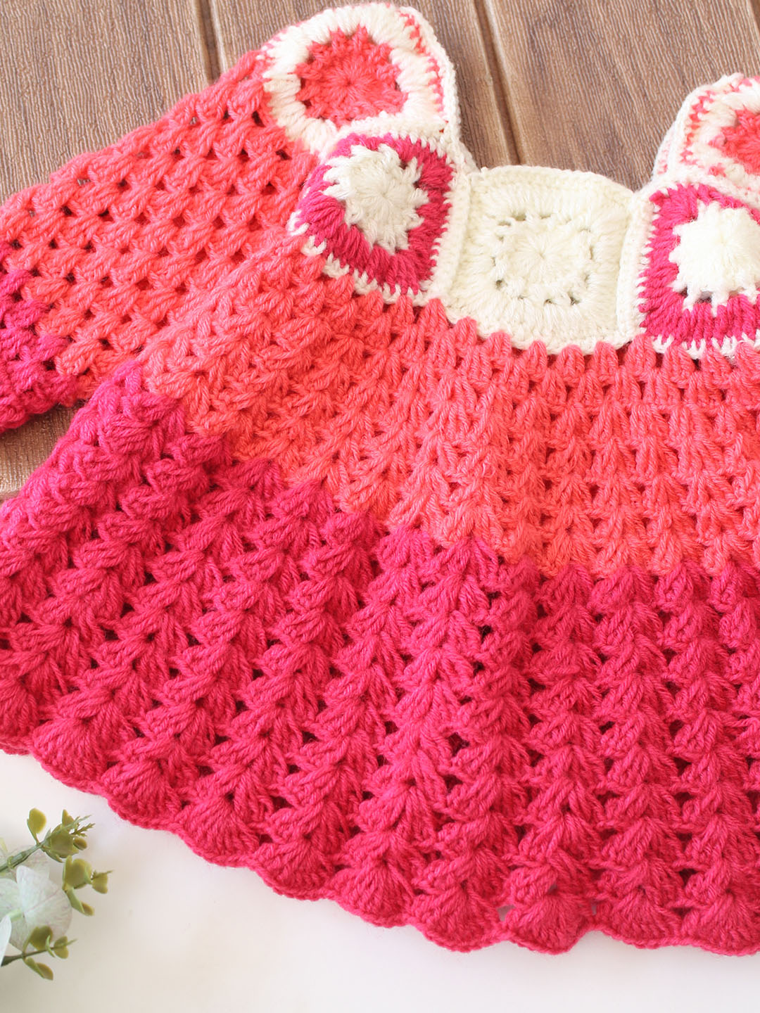 Woonie Hand Knitted Full Sleeves Granny Square Designed Frock - Pink
