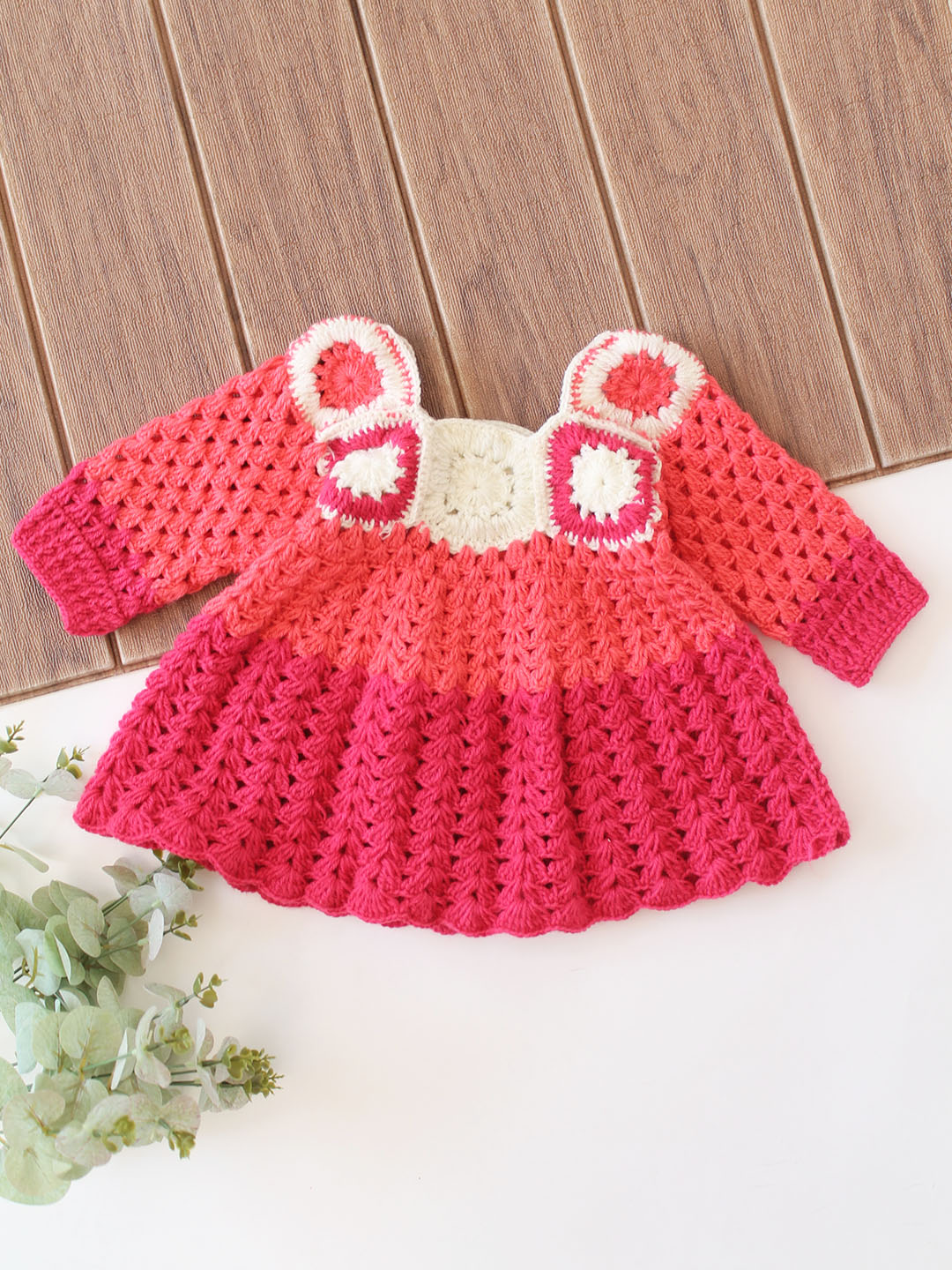 Woonie Hand Knitted Full Sleeves Granny Square Designed Frock - Pink