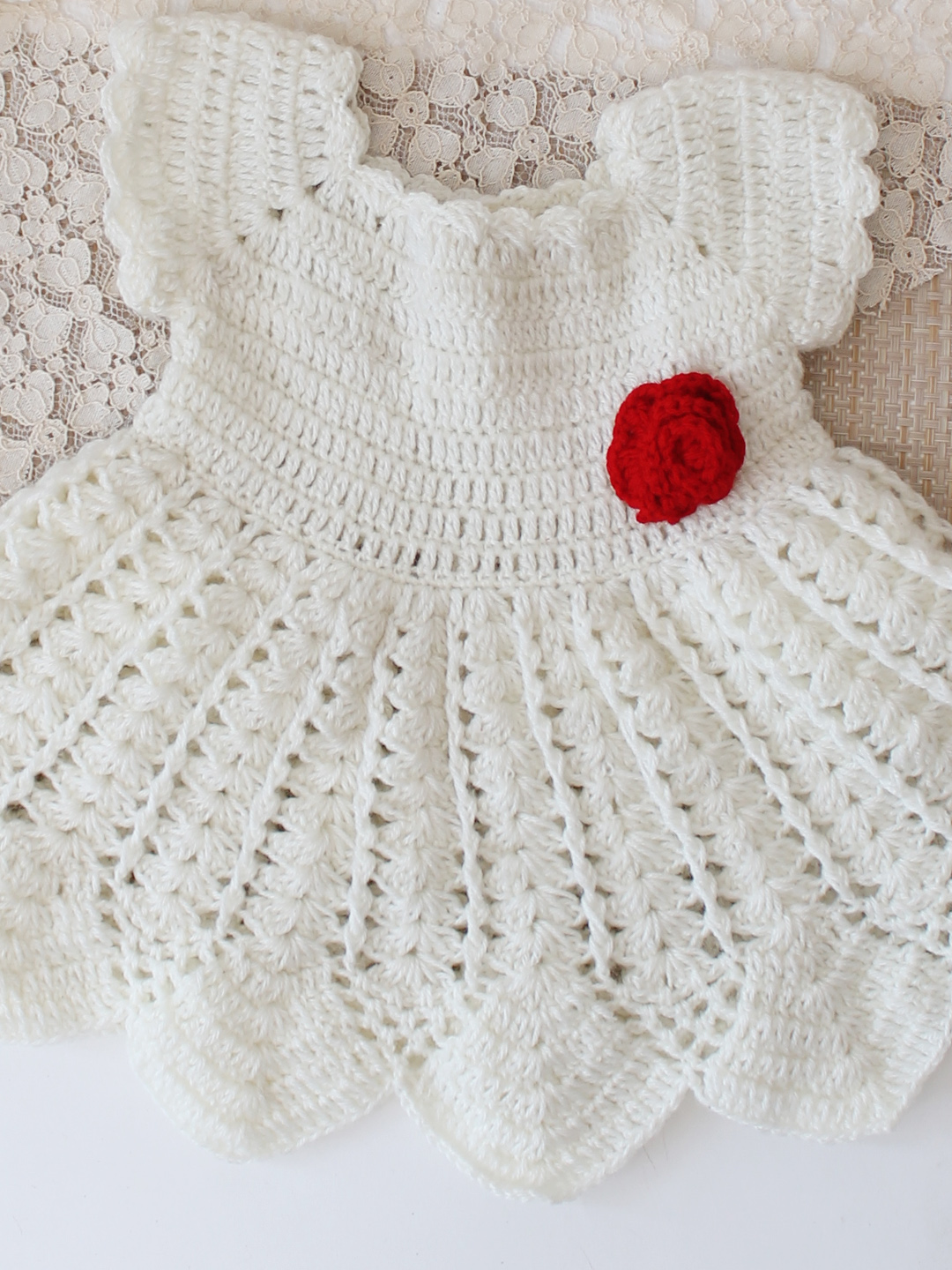 Woonie Hand Knitted Full Sleeves Floral Applique Frock with Matching Shrug - Cream