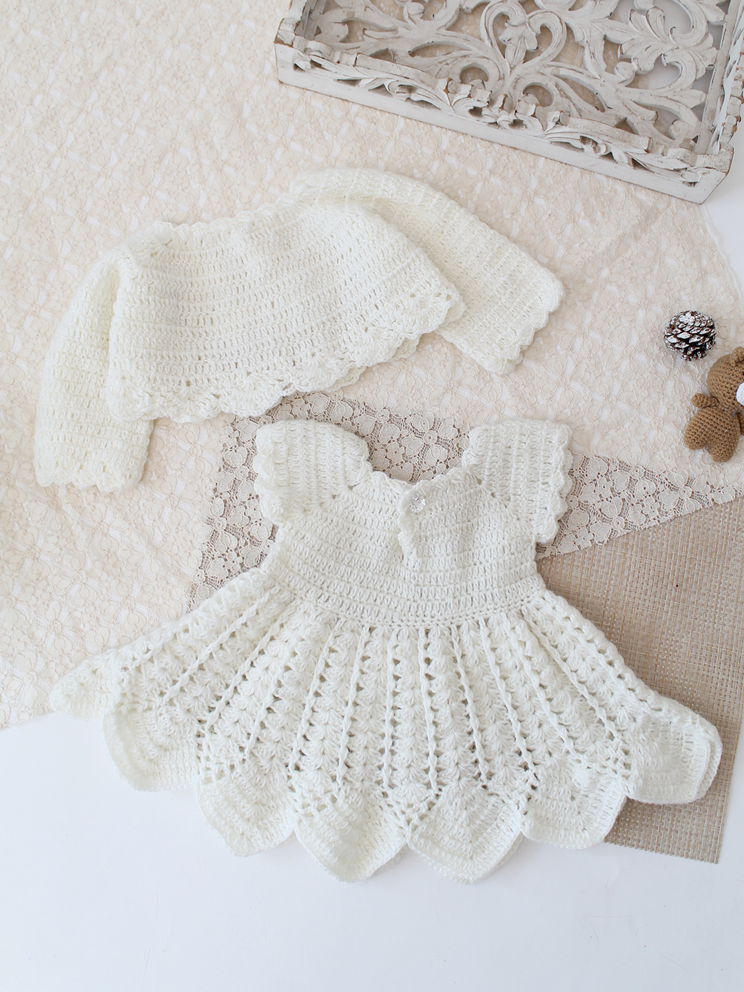 Woonie Hand Knitted Full Sleeves Floral Applique Frock with Matching Shrug - Cream
