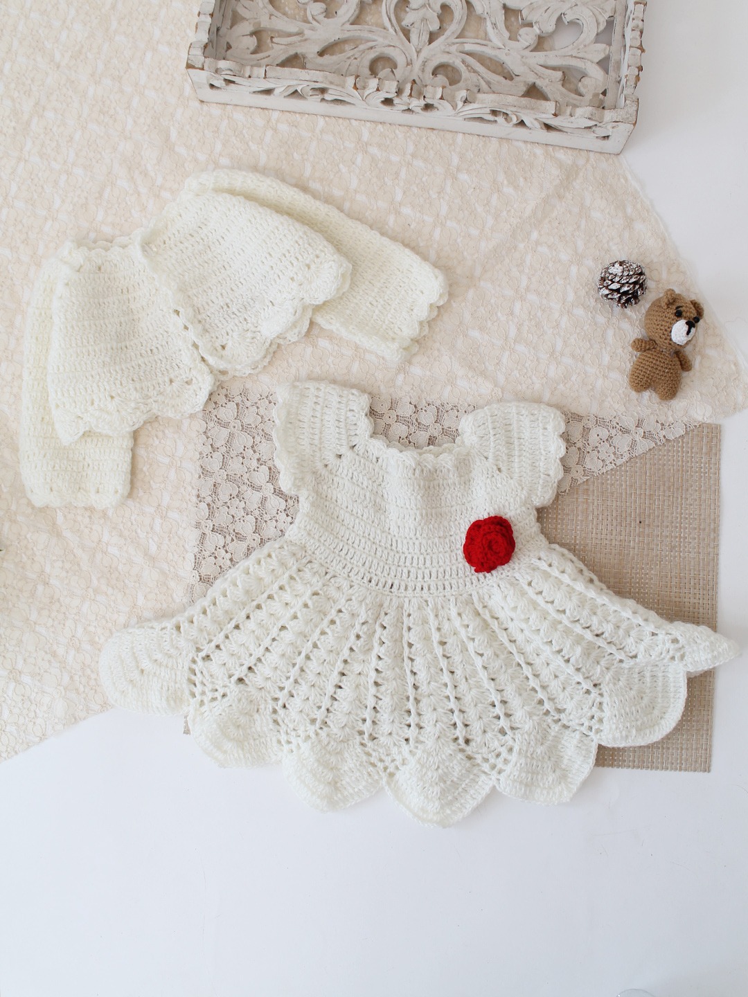 Woonie Hand Knitted Full Sleeves Floral Applique Frock with Matching Shrug - Cream