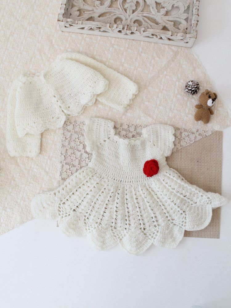 Image of Woonie Hand Knitted Full Sleeves Floral Applique Frock with Matching Shrug - Cream