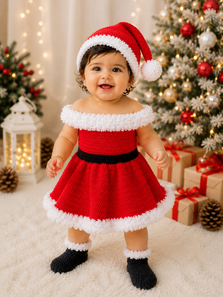 Image of Woonie Hand Knitted Sleeveless Self Designed Frock with Matching Cap &amp; Booties - Red
