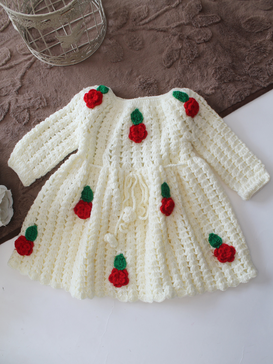 Woonie Hand Knitted Full Sleeves Rose Applique Detailed Frock - Cream