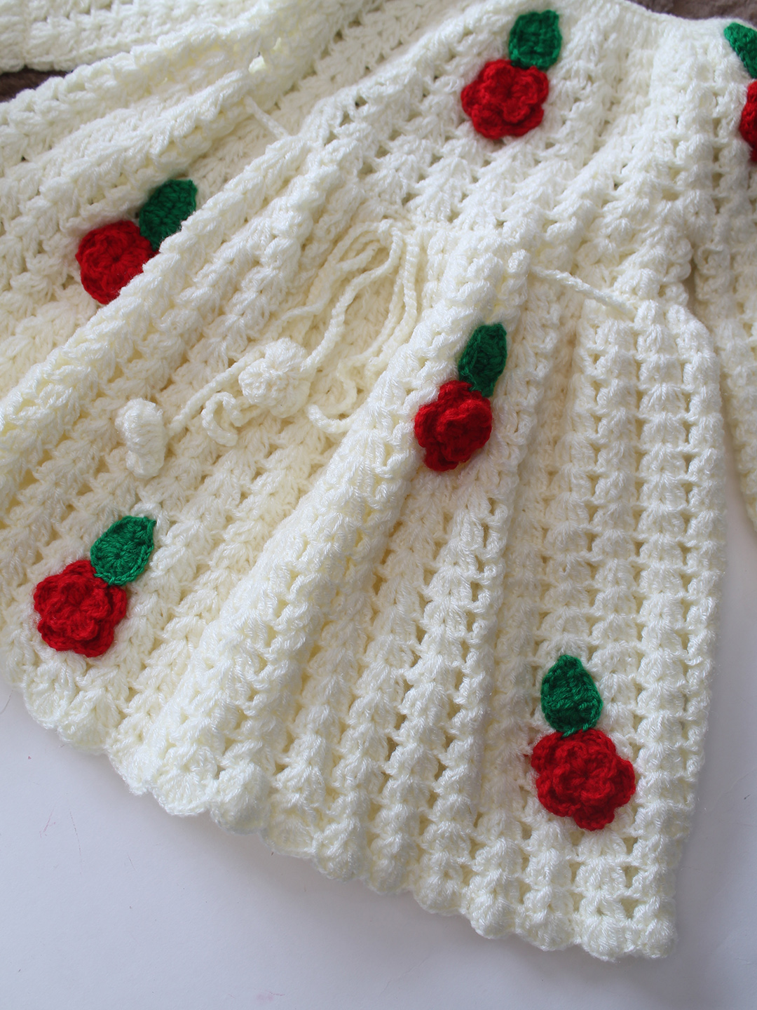 Woonie Hand Knitted Full Sleeves Rose Applique Detailed Frock - Cream