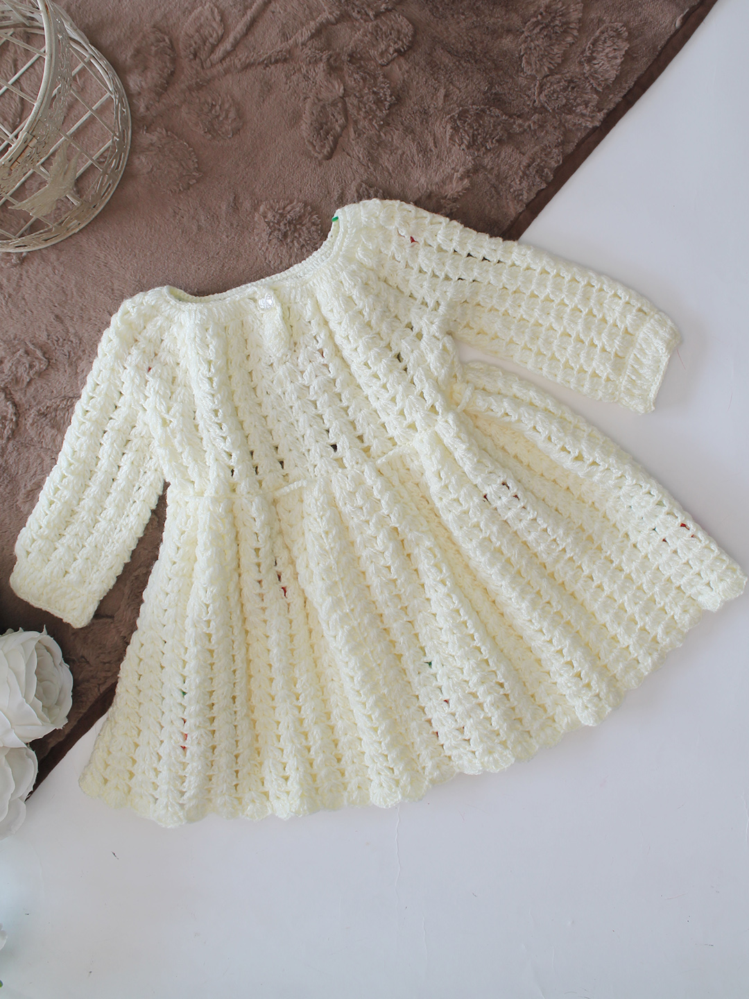 Woonie Hand Knitted Full Sleeves Rose Applique Detailed Frock - Cream