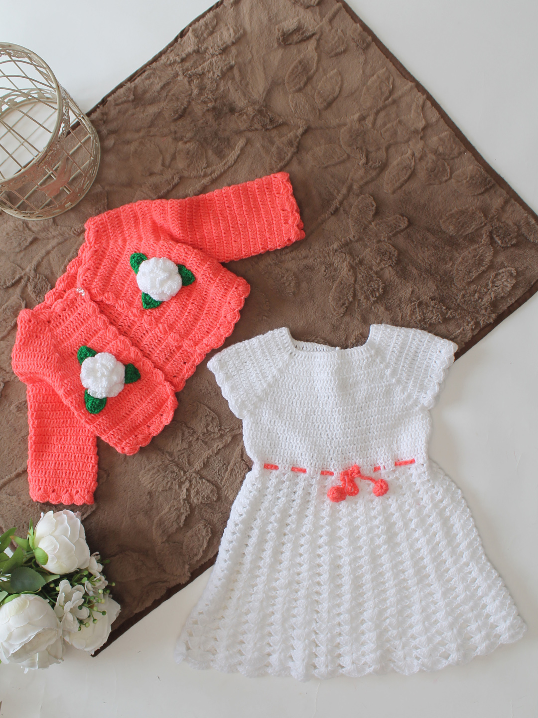 Woonie Hand Knitted Full Sleeves Floral Applique Frock with Matching Shrug - Dark Peach