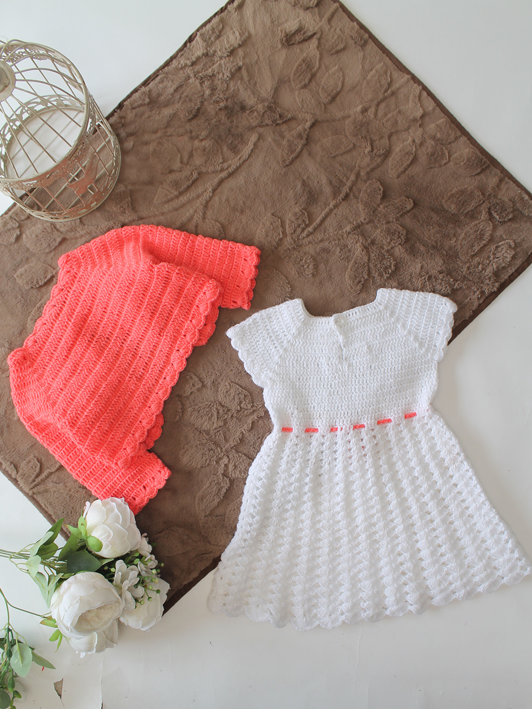 Woonie Hand Knitted Full Sleeves Floral Applique Frock with Matching Shrug - Dark Peach