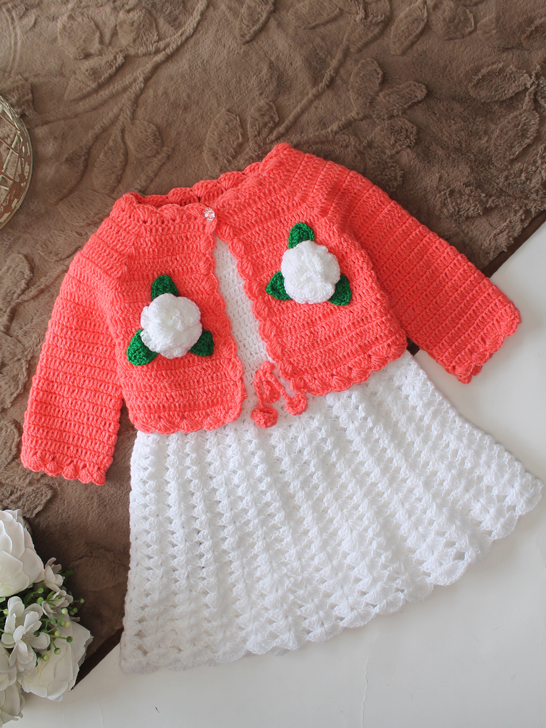 Woonie Hand Knitted Full Sleeves Floral Applique Frock with Matching Shrug - Dark Peach