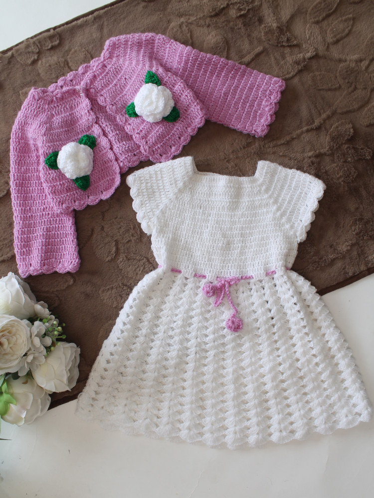 Image of Woonie Hand Knitted Full Sleeves Floral Applique Frock with Matching Shrug - Purple