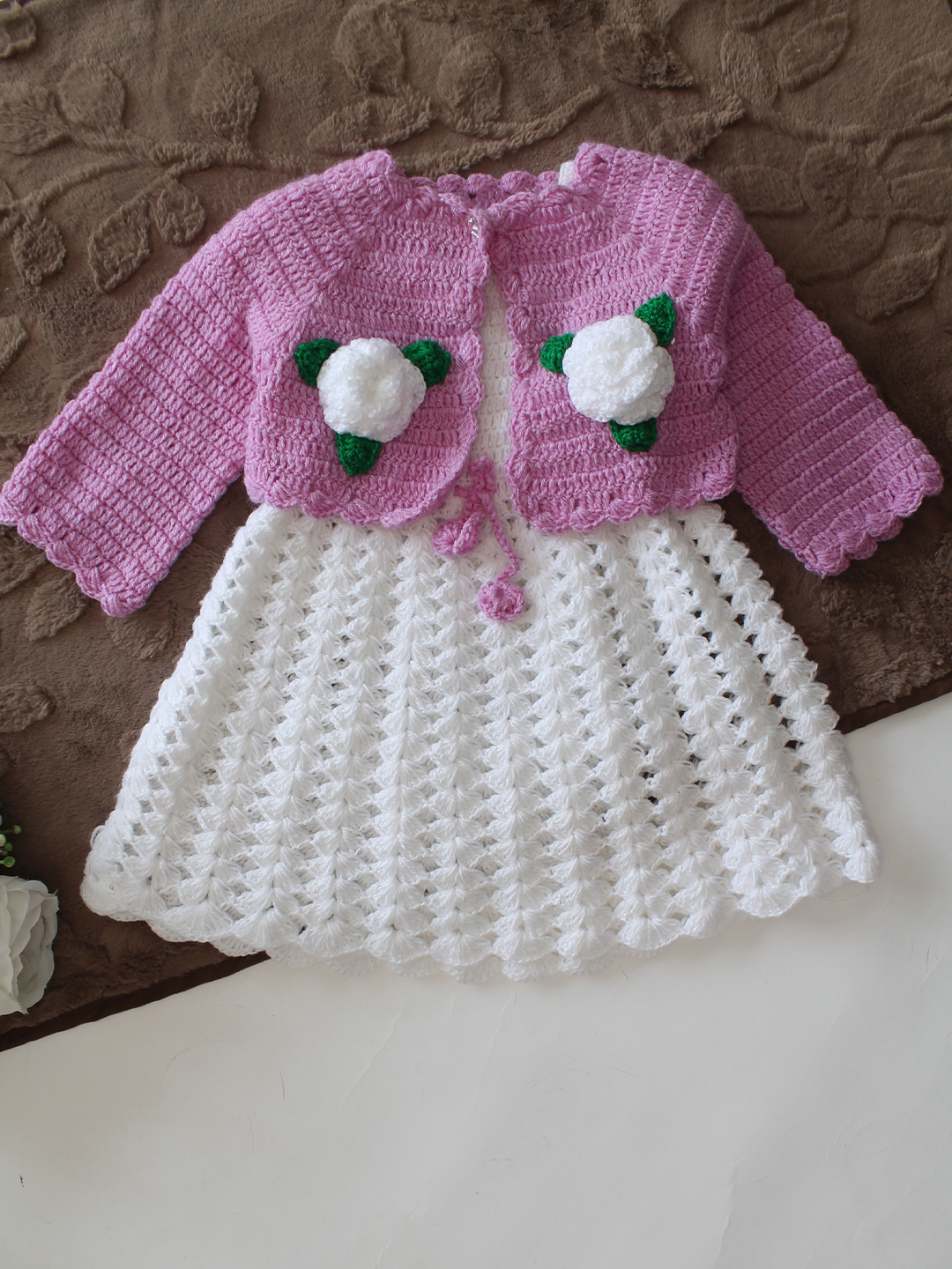 Woonie Hand Knitted Full Sleeves Floral Applique Frock with Matching Shrug - Purple