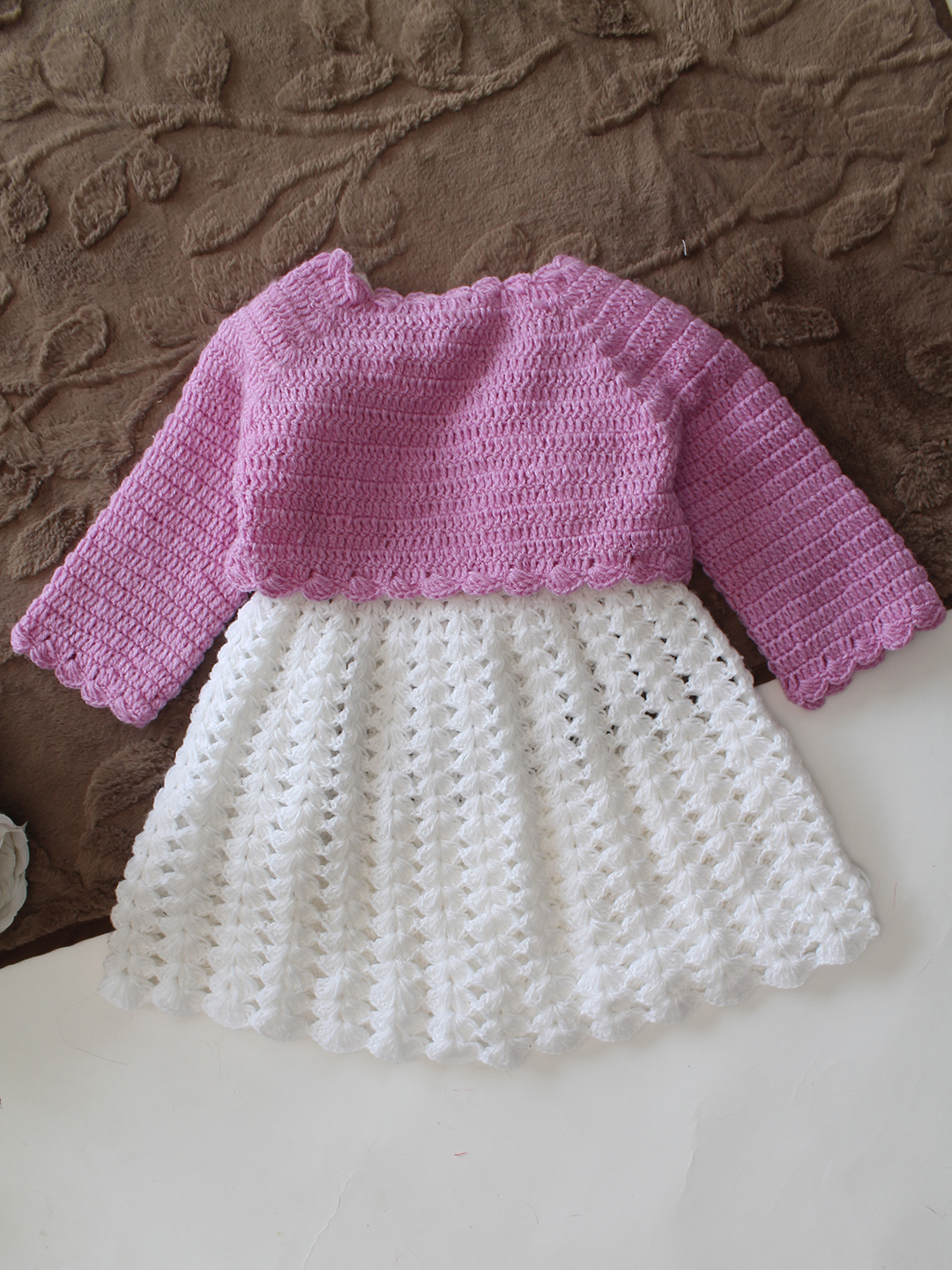 Woonie Hand Knitted Full Sleeves Floral Applique Frock with Matching Shrug - Purple