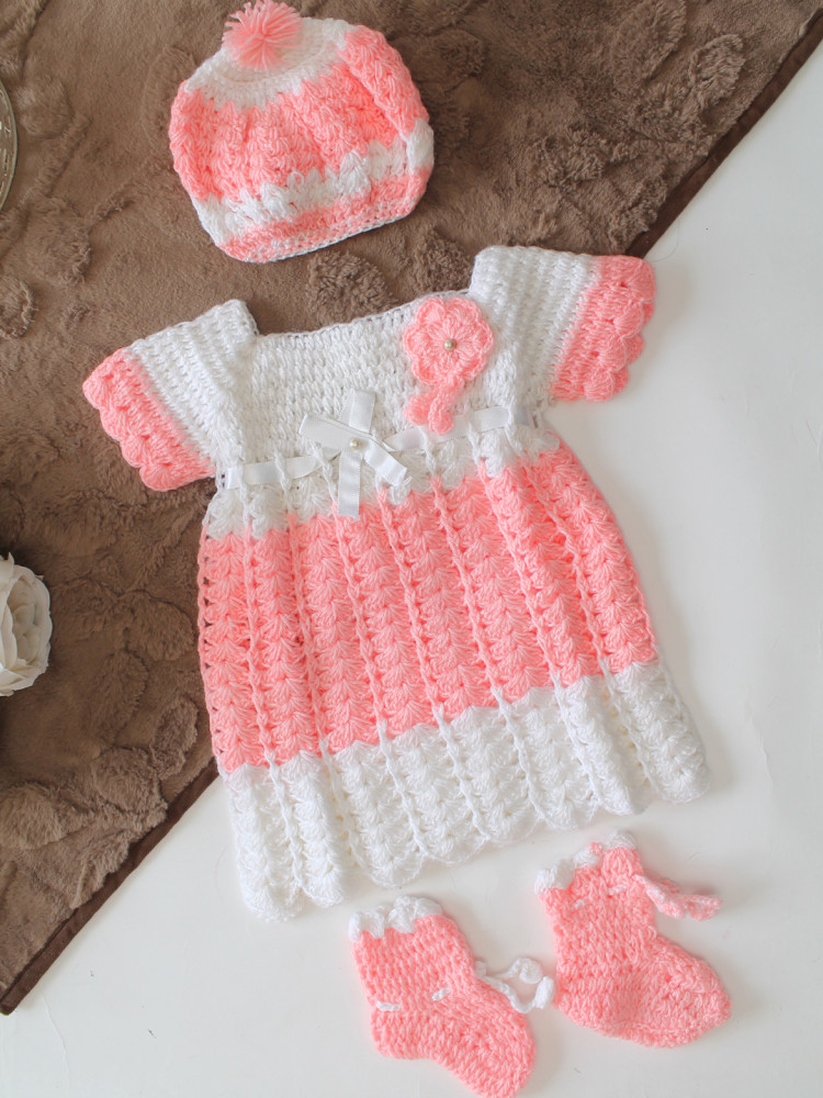 Image of Woonie Hand Knitted Full Sleeves Floral &amp; Bow Applique Frock with Matching Shrug &amp; Booties - Pink