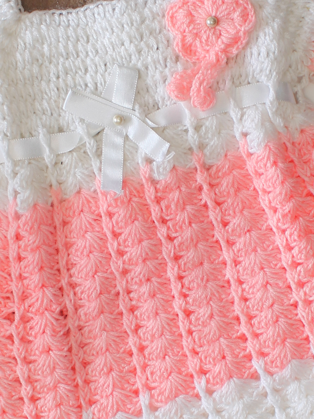 Woonie Hand Knitted Full Sleeves Floral & Bow Applique Frock with Matching Shrug & Booties - Pink