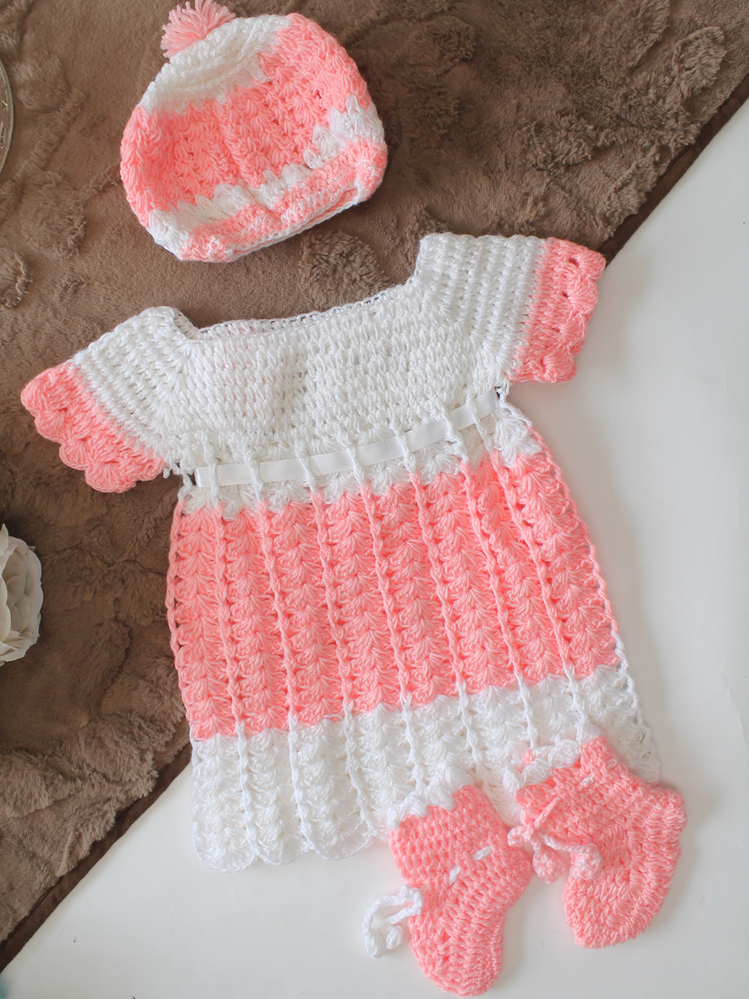 Woonie Hand Knitted Full Sleeves Floral & Bow Applique Frock with Matching Shrug & Booties - Pink