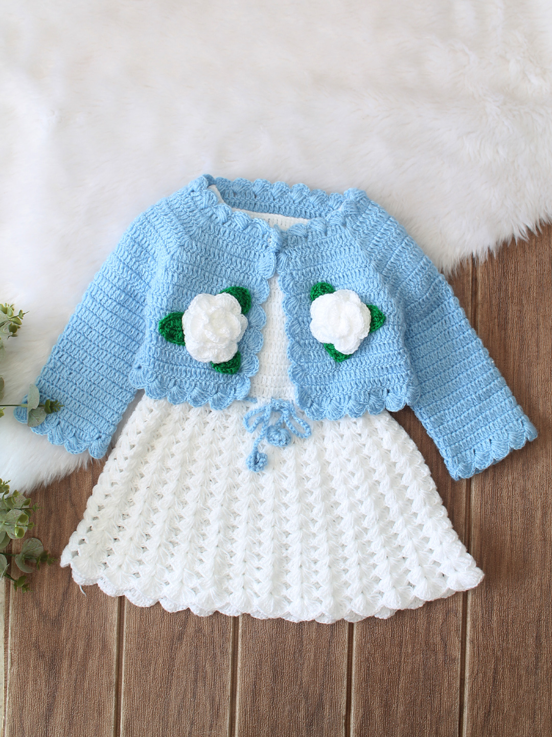 Woonie Hand Knitted Full Sleeves Floral Applique Frock with Matching Shrug - Blue