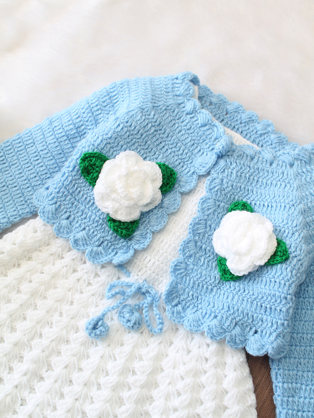 Woonie Hand Knitted Full Sleeves Floral Applique Frock with Matching Shrug - Blue