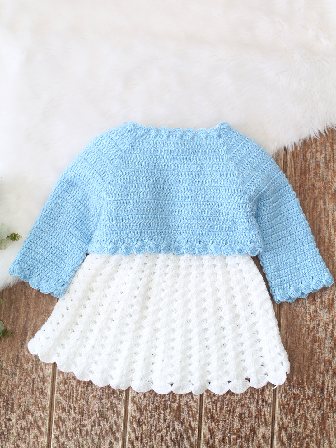 Woonie Hand Knitted Full Sleeves Floral Applique Frock with Matching Shrug - Blue