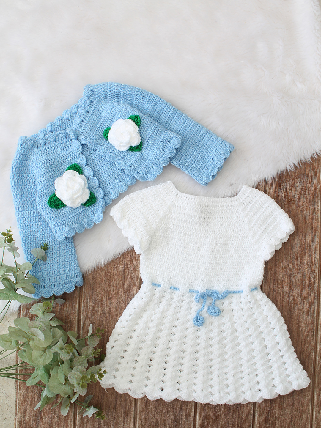 Woonie Hand Knitted Full Sleeves Floral Applique Frock with Matching Shrug - Blue