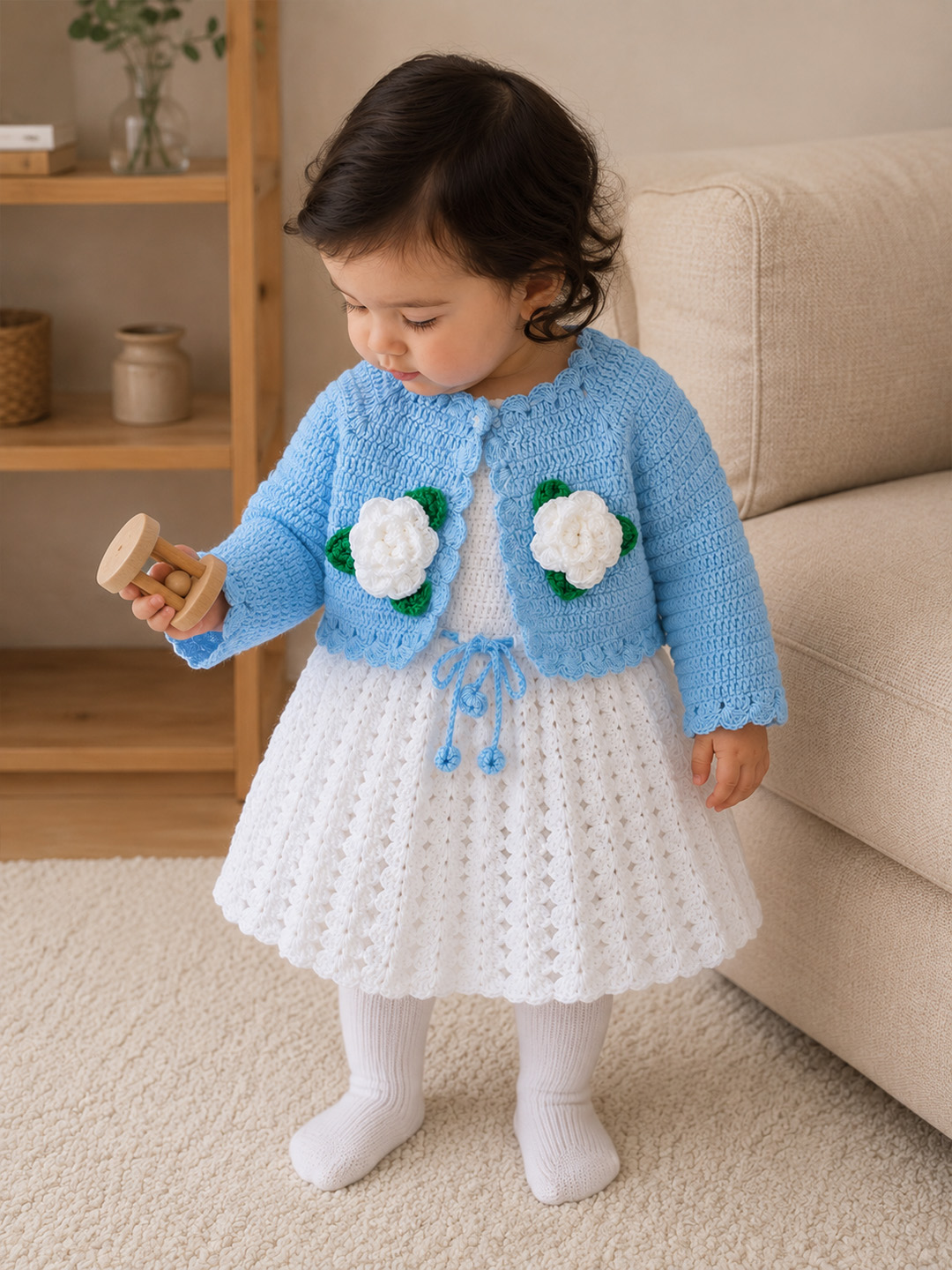 Woonie Hand Knitted Full Sleeves Floral Applique Frock with Matching Shrug - Blue