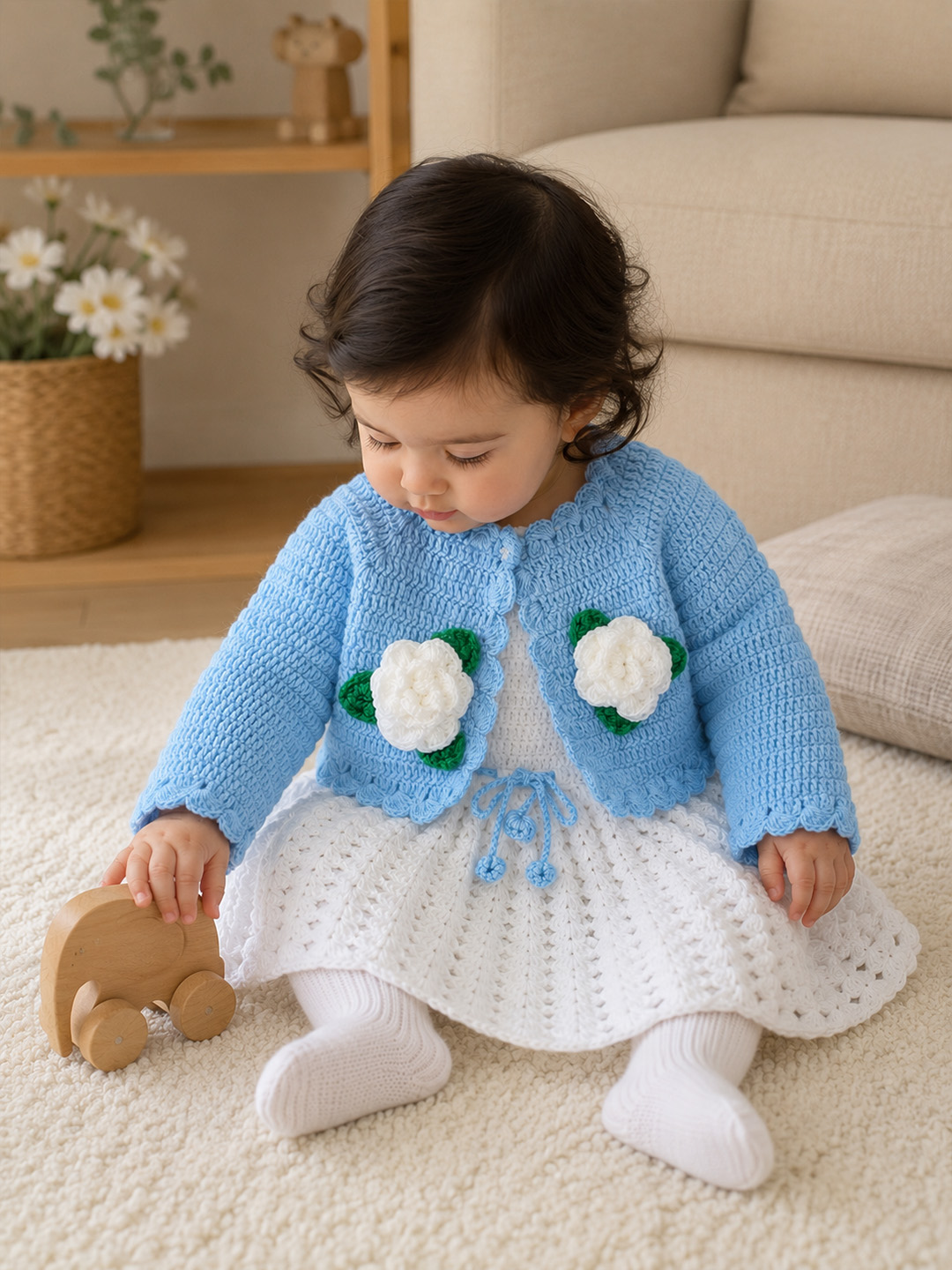 Woonie Hand Knitted Full Sleeves Floral Applique Frock with Matching Shrug - Blue