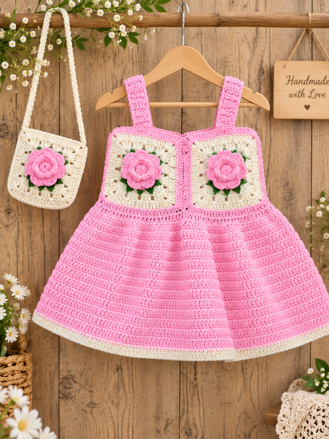 Woonie Hand Knitted Sleeveless Floral Applique Frock with Matching Bag - Pink