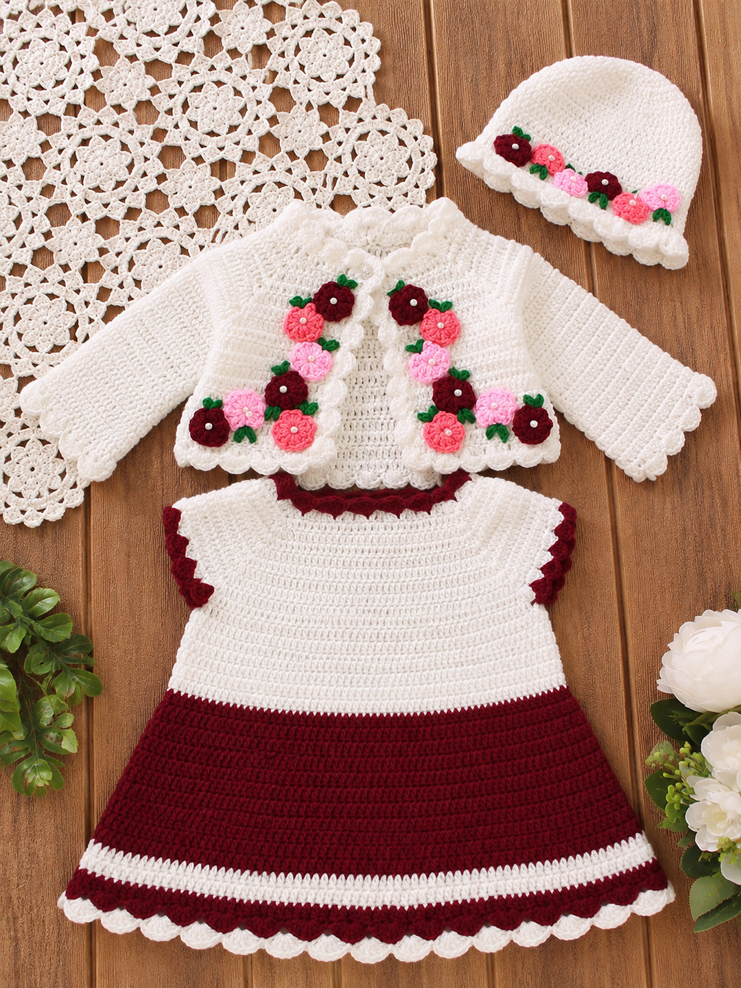 Woonie Hand Knitted Full Sleeves Frock with Matching Shrug and Cap - Maroon