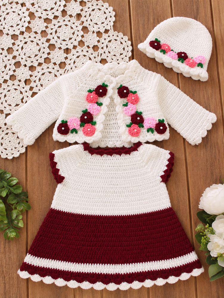 Image of Woonie Hand Knitted Full Sleeves Frock with Matching Shrug and Cap - Maroon