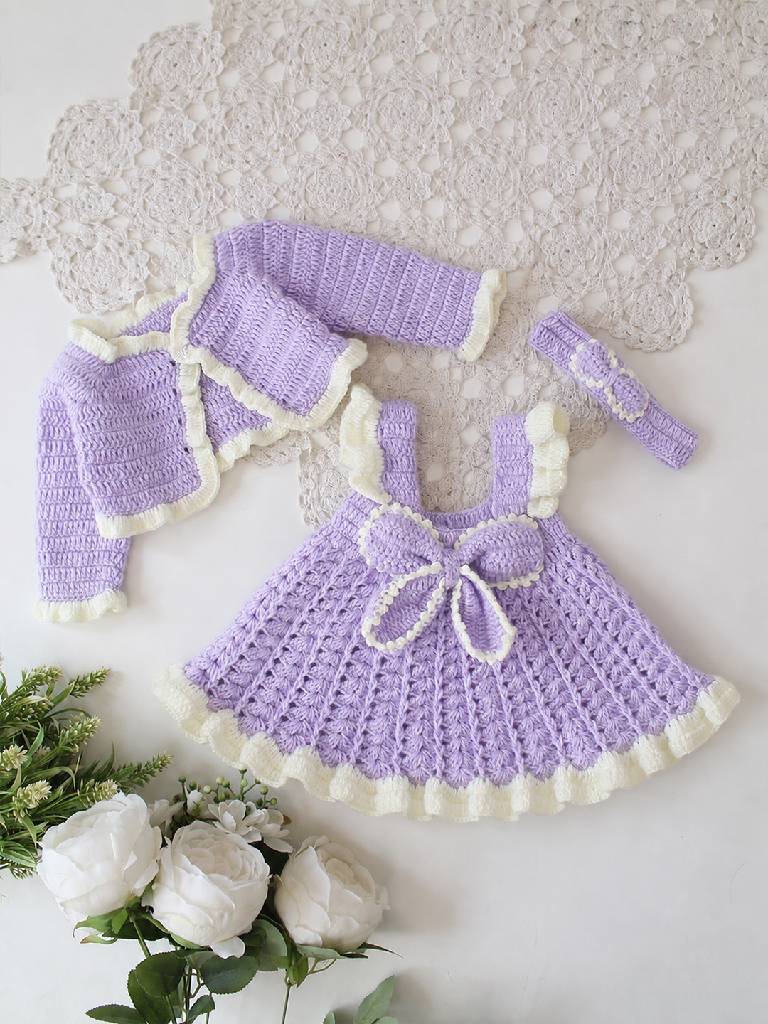 Woonie Hand Knitted Full Sleeves Bow Detailed Frock with Matching Shrug and Headband - Lavender