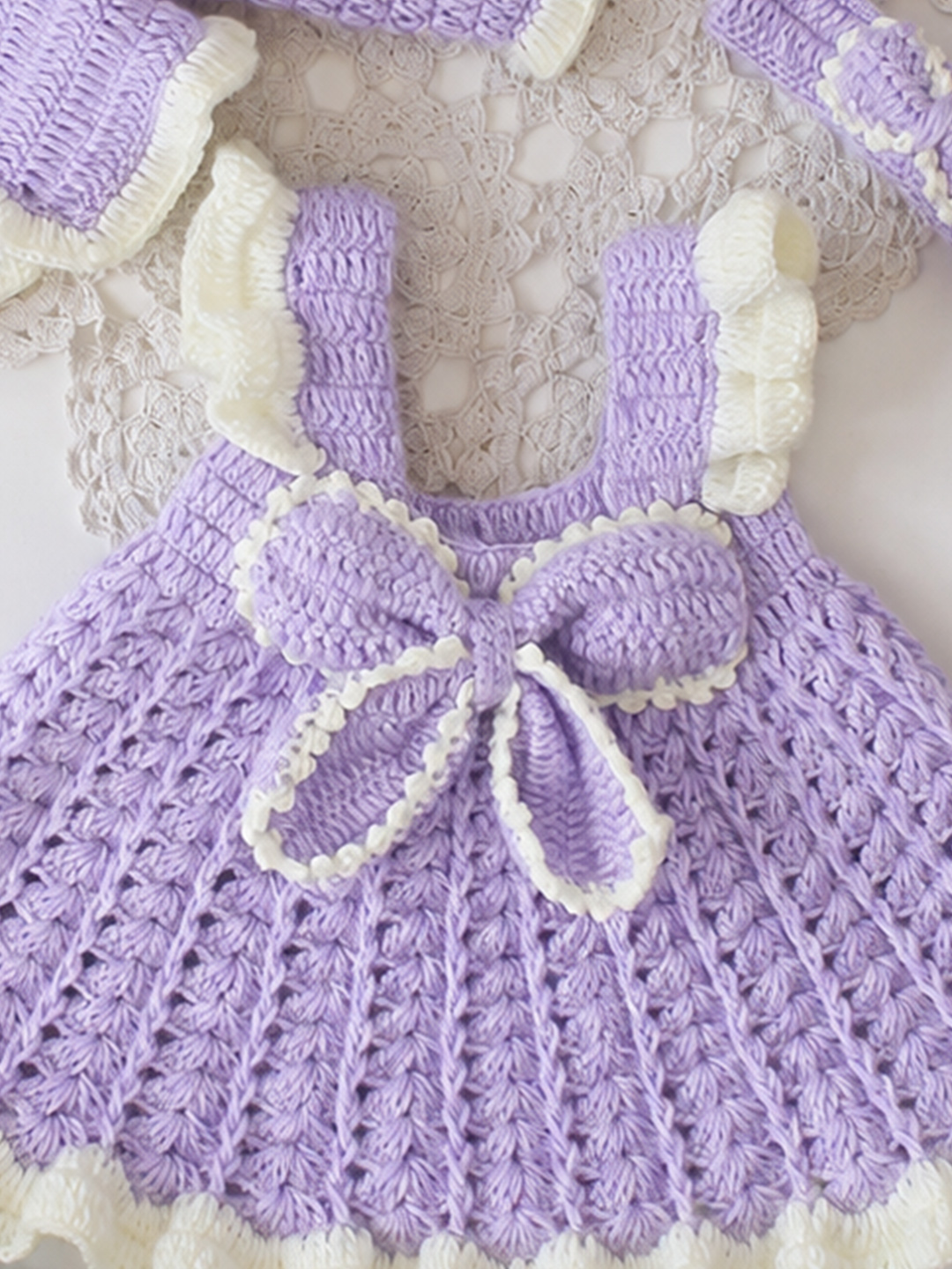 Woonie Hand Knitted Full Sleeves Bow Detailed Frock with Matching Shrug and Headband - Lavender
